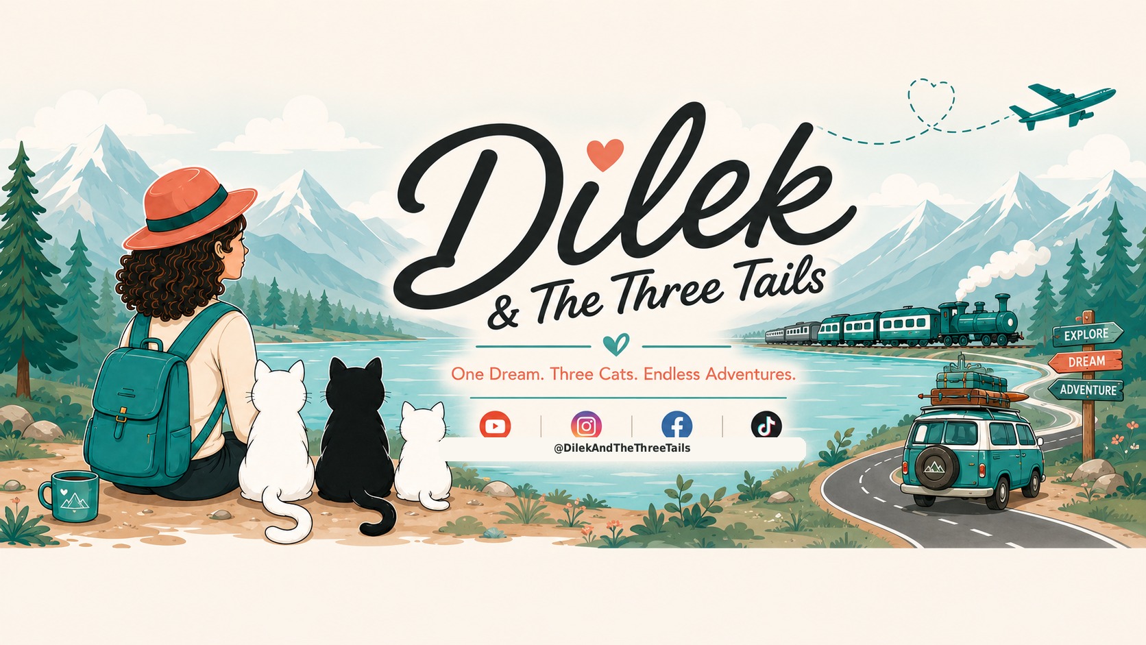 Dilek ve üç kedisinin tren, uçak ve karayolu yolculuğunu anlatan Dilek & The Three Tails tanıtım görseli